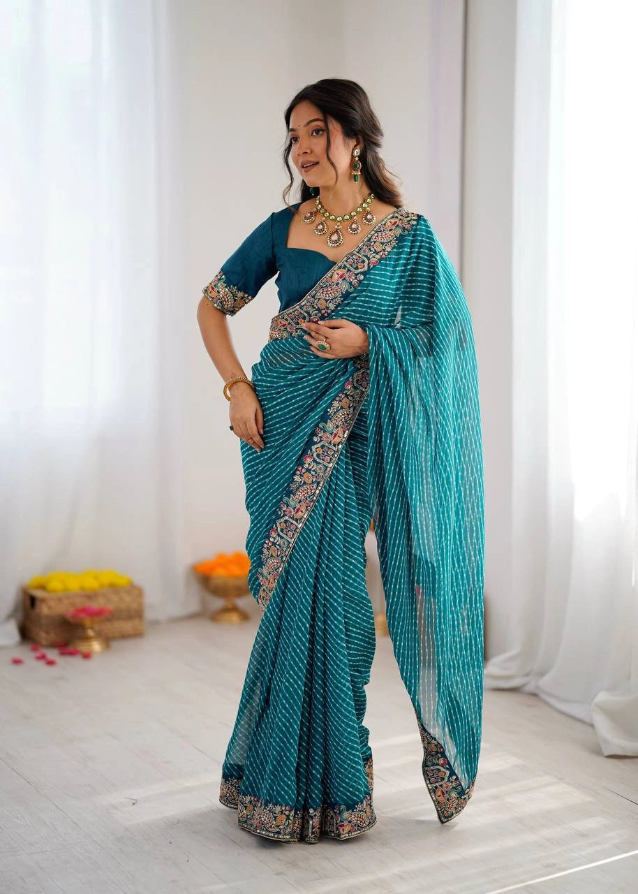 Teal blue faux georgette saree pallu drape on model